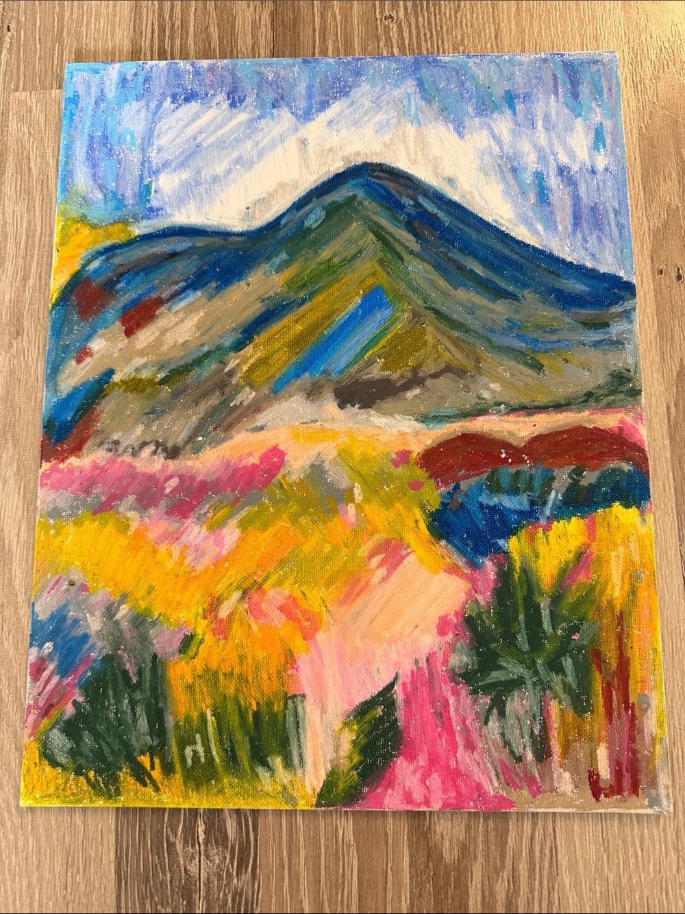 Abstract Mountain Landscape Canvas Art in Blue, Pink & Yellow 14x11